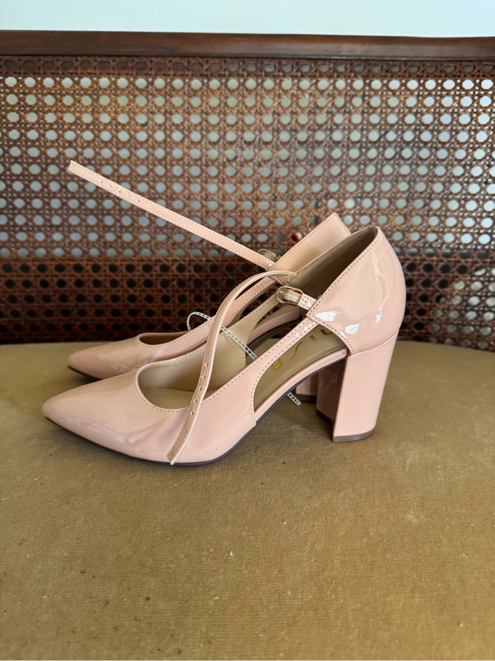 Patent Blush Block Heel Pumps with Ankle Strap